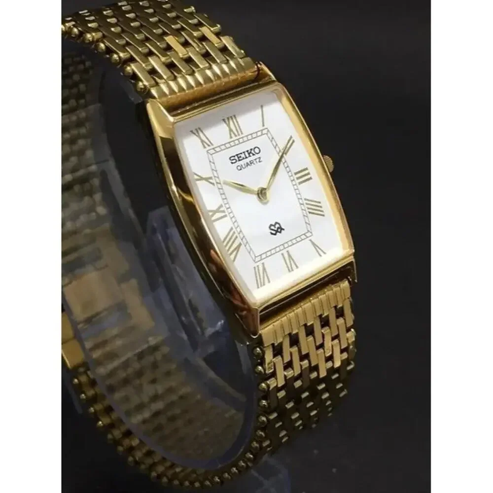Vintage Style Seiko Quartz Mens Gold Watch & White accents W/ Metal Strap